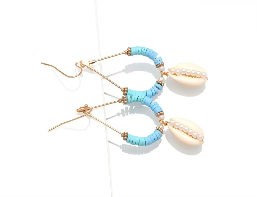 Hemasa Boho Polymer Clay Heishi Beads Cowrie Seashell Hook Earrings Women Girl (Set of 2)