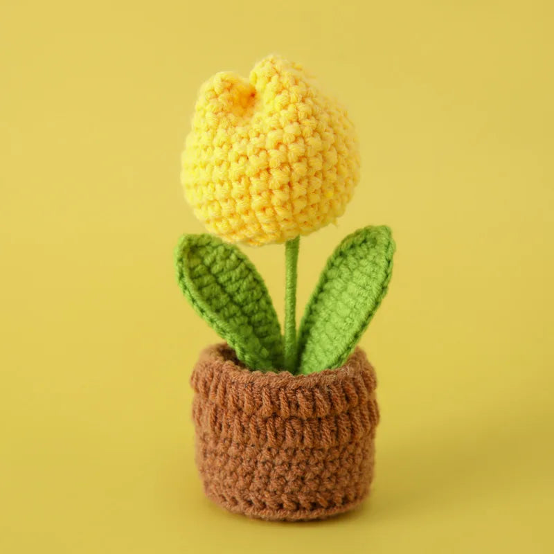 Hemasa Mini Tulips Crochet Flowers Potted Cute Knitting Flowers /Table Car Decor Handmade Artificial Tulips