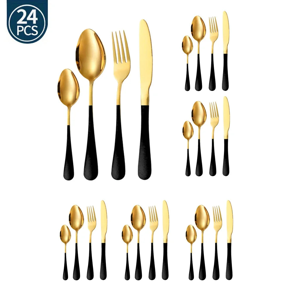 Hemasa 24Pcs Green Gold Tableware Set /Stainless Steel Cutlery  set  Knife Fork Spoon Restaurant Wedding Flatware Set