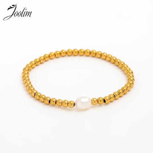 Joolim Jewelry Wholesale High End PVD No Fade Dainty Beads Pave Chain Stretchy Pearl Pendant Stainless Steel Bracelet for Women