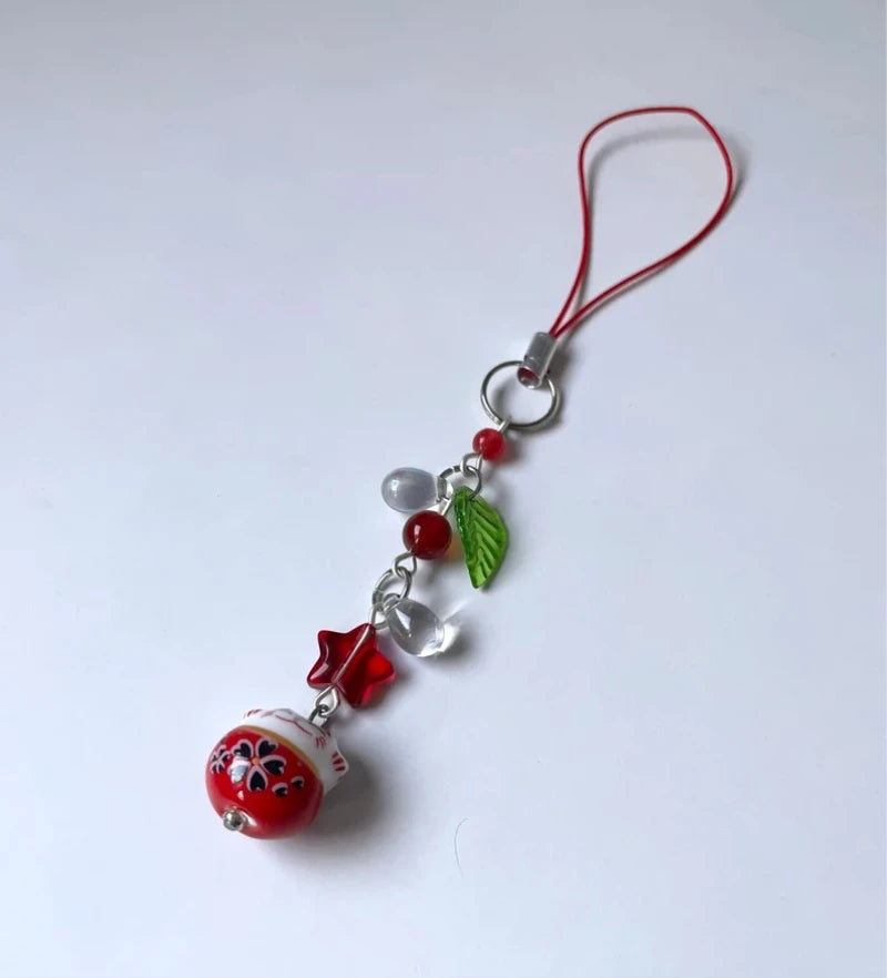 Hemasa Red Colour Red lucky cat phone charm | phone accessories | cat charm | leaf charm  beaded phone charm