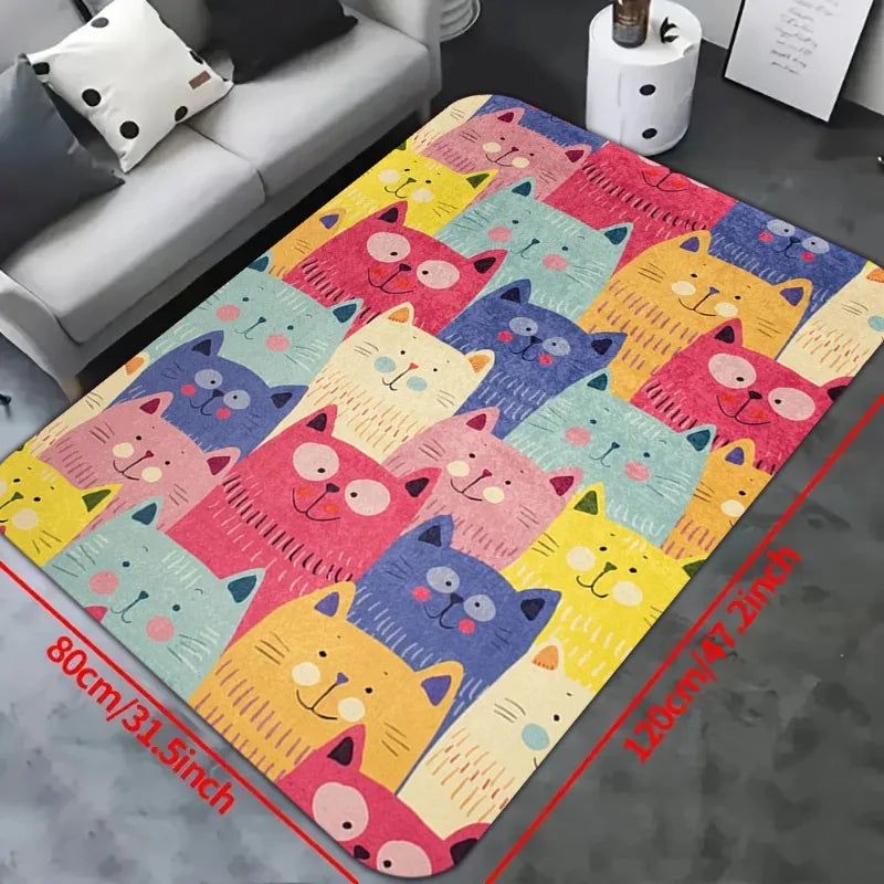 Hemasa Cute Cartoon Cat Pattern, Hippie, Large Size Area Rug, Sofa Coffee Table Rug Home Soft Area Rug, Teens Bedroom Decor Floor Mat