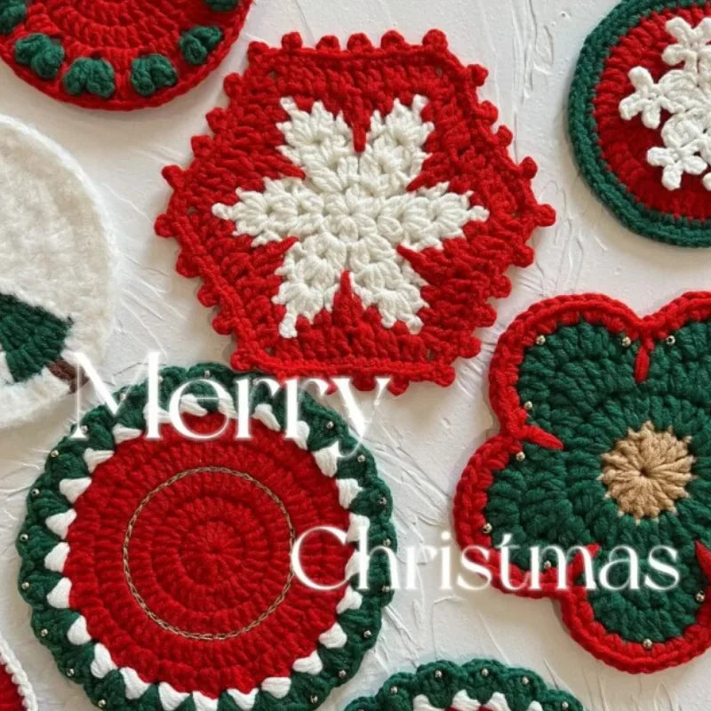 Cute Christmas Coasters Snowflake Placemat Hand-woven Christmas Cartoon Santa Coasters Festive Tabletop Decoration Accessories