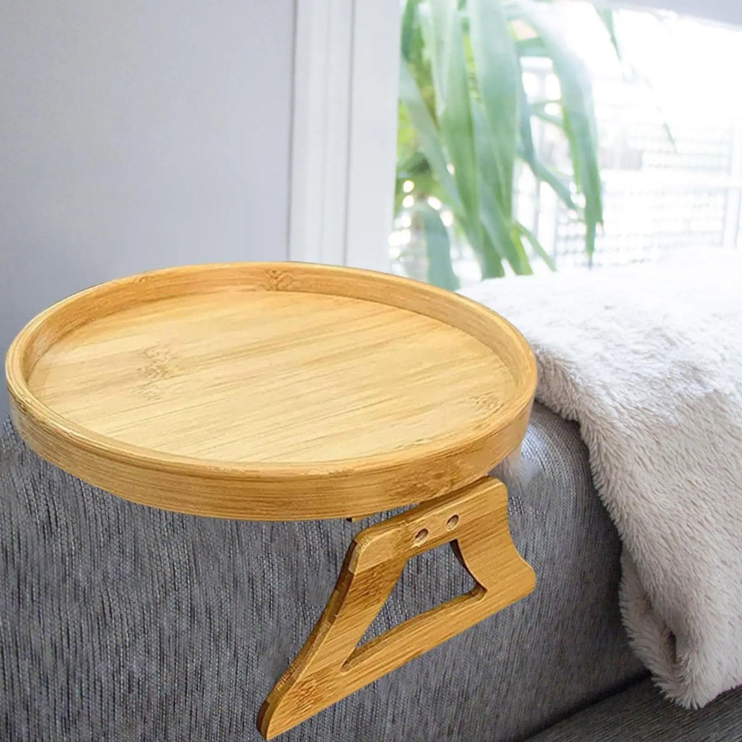 Hemasa Serving Tray with Foldable Legs Wooden Tray Sofa Armrest Clip-On Round Tray Folding Bed Table for Tea Remote Control Dessert