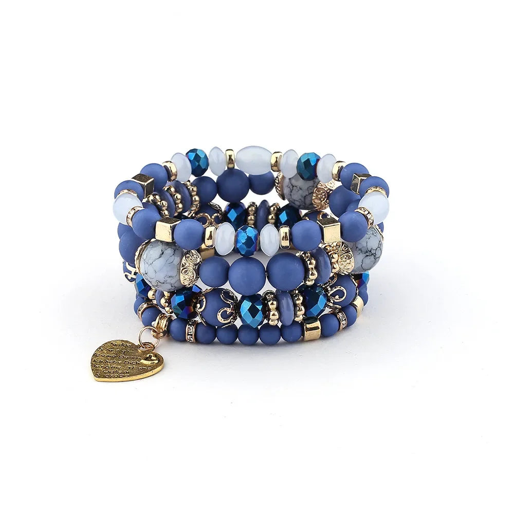 4Pcs Boho Crystal Beads Chain Bracelet Set For Women Vintage Heart Charm Elastic Bangle Female Fashion Party Jewelry