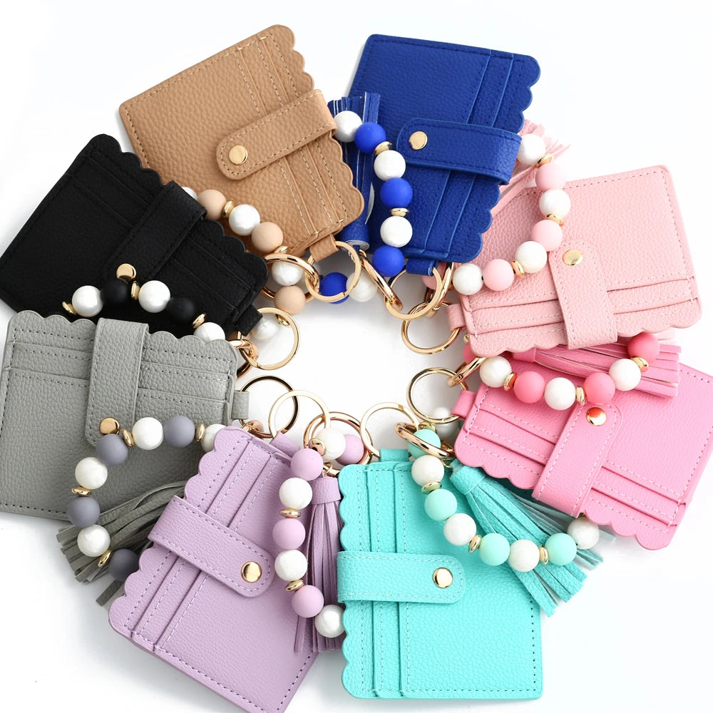 Hemasa Silicone Bead Bracelet  Leather Card Bag Wristlet Keychain Silicone Beaded Bracelet Leather Tassel Wallet Bangle