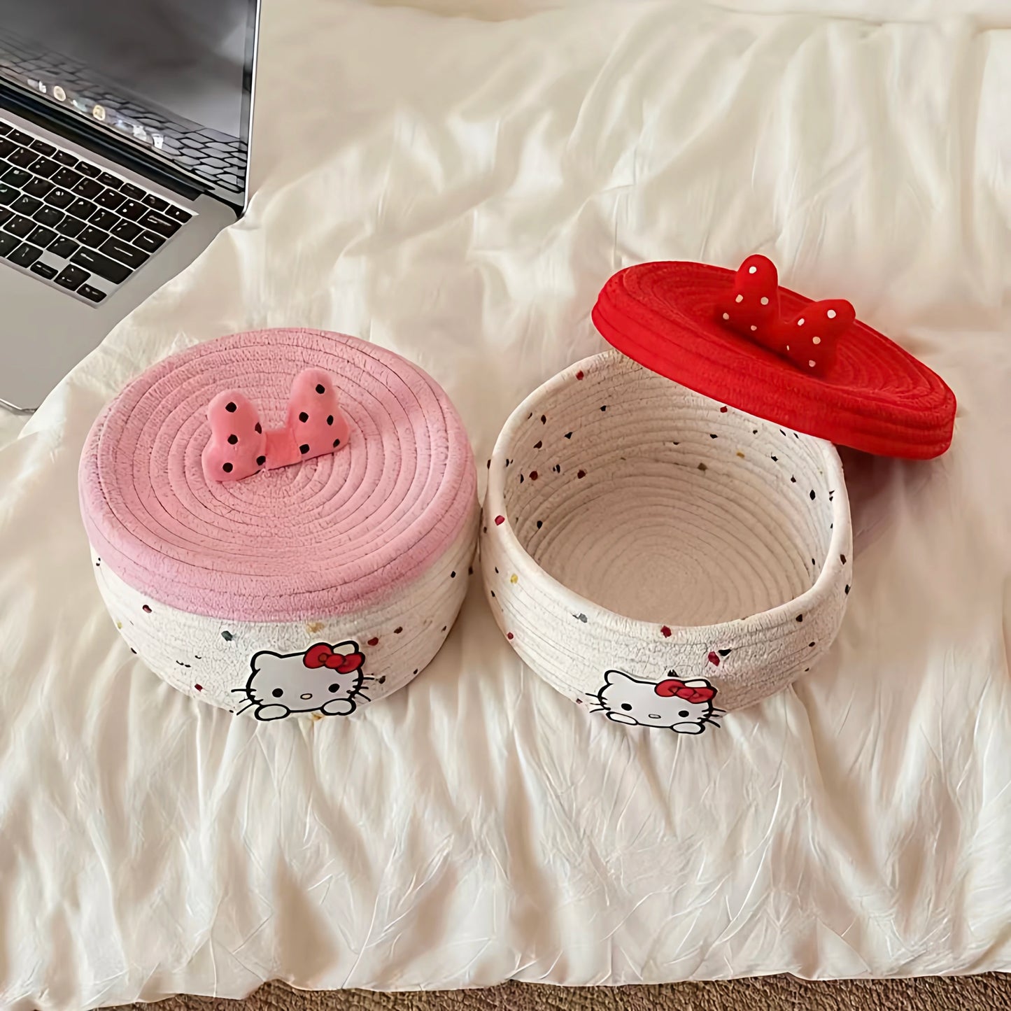 Tejesa Cute Kit  Storage Box with Lid Bowknot Cotton Rope Woven Basket Cosmetic Organizer for Girls Home Storage Supplies