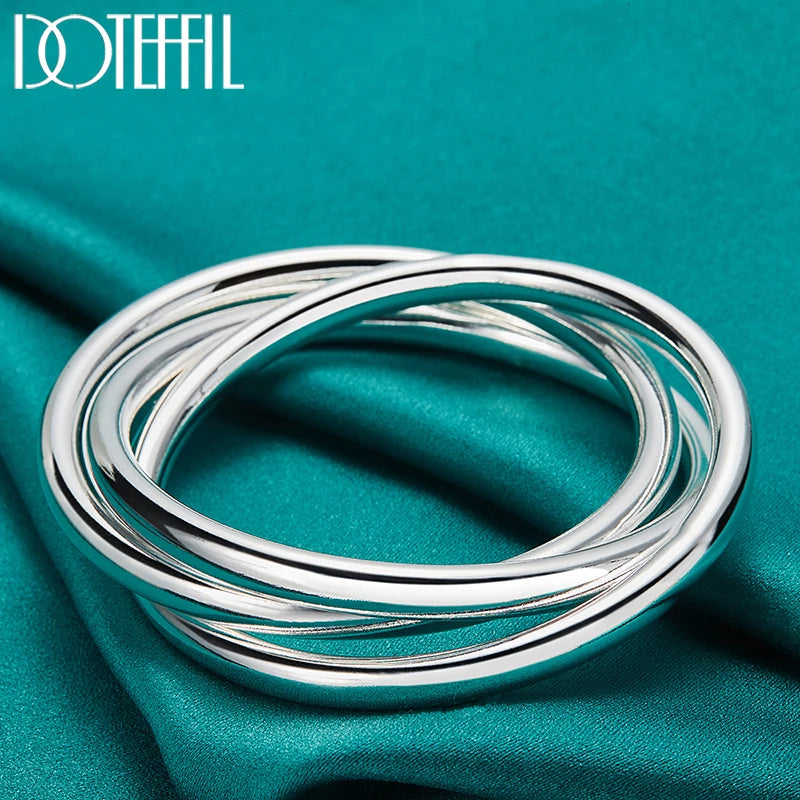 DOTEFFIL 925 Sterling Silver Three Lines Smooth Bangle Bracelet For Women Man Fashion Wedding Engagement Party Jewelry