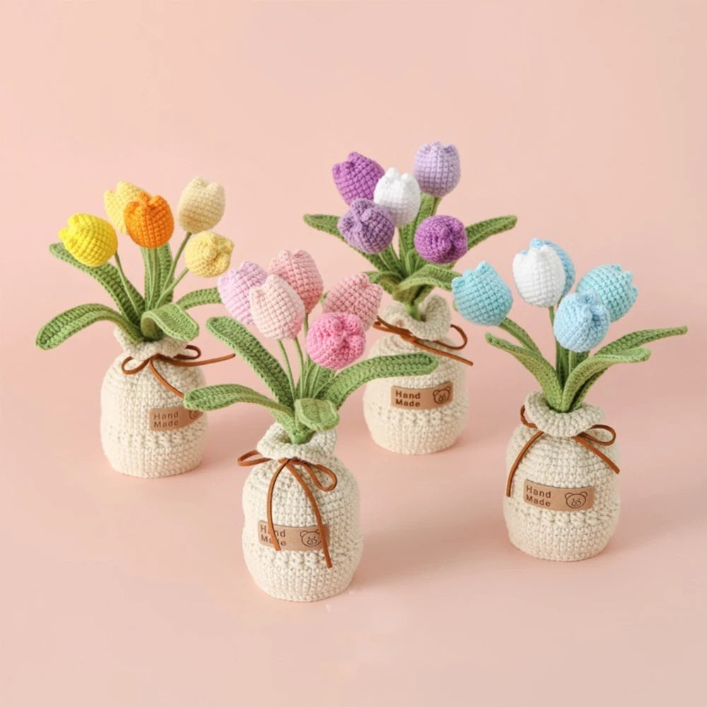 Hemasa Tulips Crochet Flowers with Kintted Potted Sunflowers /Handwoven Plant