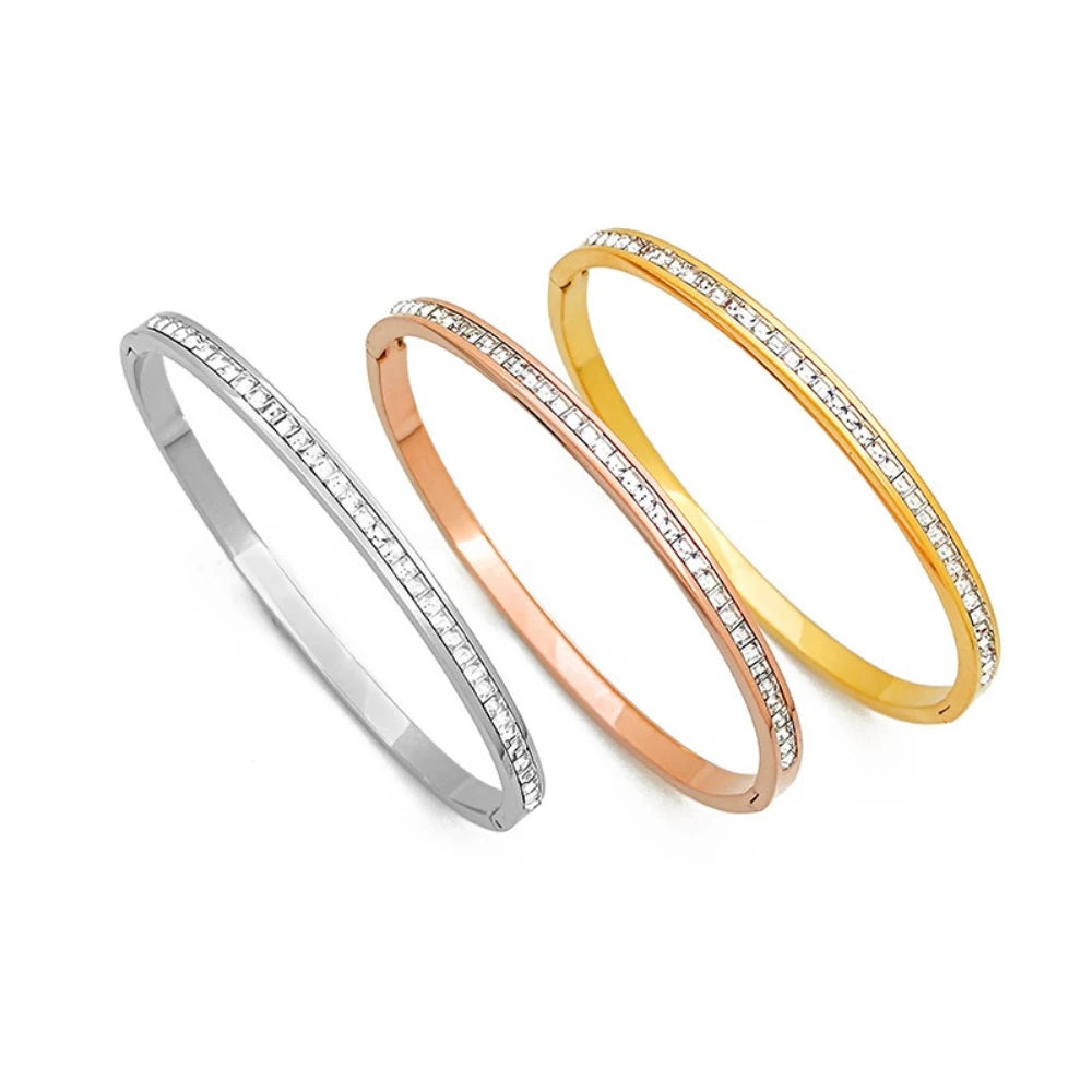 Hemasa Full Zircon Cuff Bracelet for Women ./Gold Color Stainless Steel   Bangle