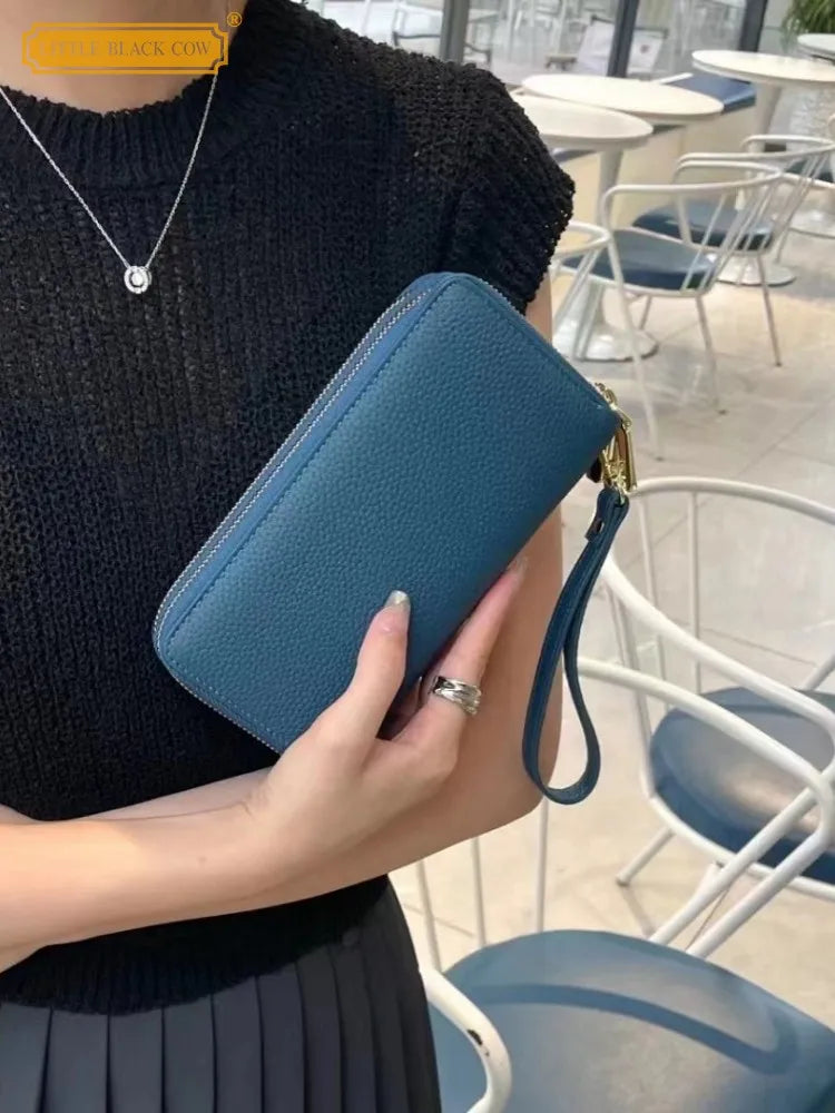 Hemasa Leather Womens Wallet Cow Leather Double Zip Clutch Bag Business Casual Long Purse Female Multi Card Holder Wallet