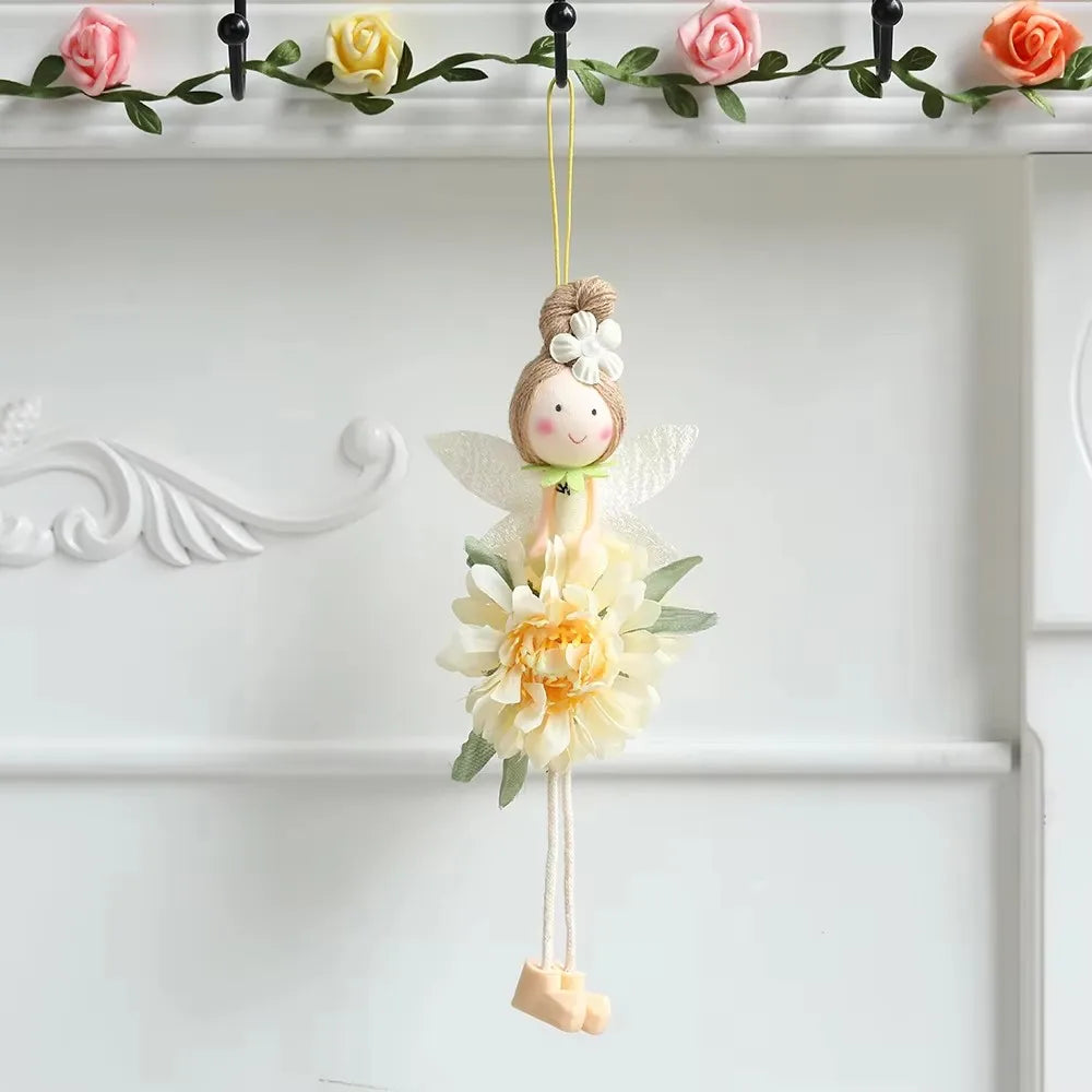 New Plush Flower Fairy Bunny Rabbit Dolls Hanging Ornaments Pink White Yellow Green Kids Girls Gifts Easter Home Decor