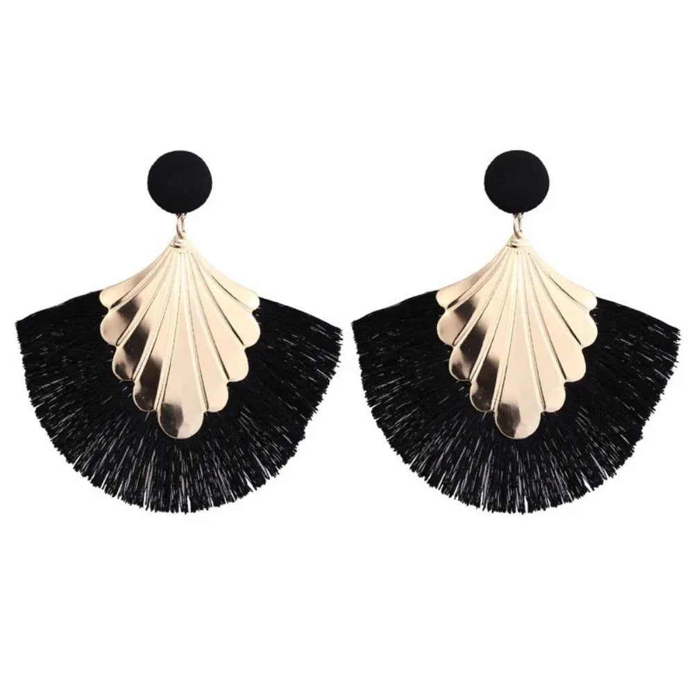 SUMENG 2024 New Bohemia Fan Shaped Tassel Earrings For Women Exaggerated Big Statement Fringed  Fashion Dangle