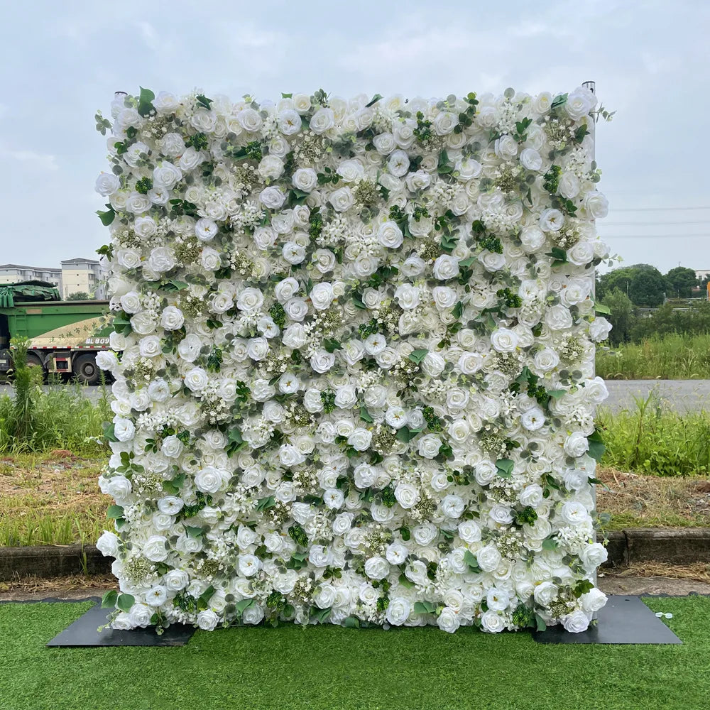 Rose Hydrangea Green Leaf Artificial Flowers Wall Cloth White Roll Up Curtain Hang Floral Wedding Event Backdrop Decor Props
