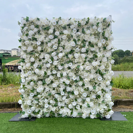 Rose Hydrangea Green Leaf Artificial Flowers Wall Cloth White Roll Up Curtain Hang Floral Wedding Event Backdrop Decor Props