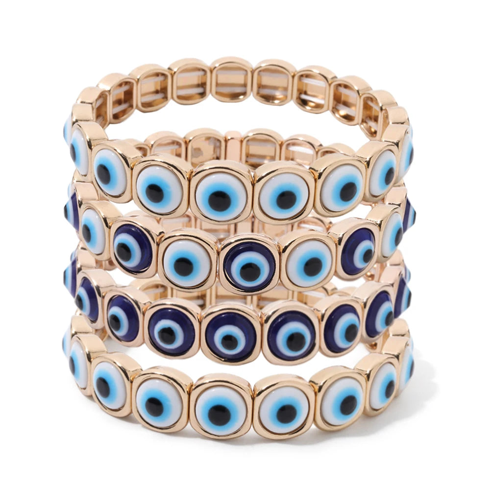 2024 New Fashion Devil Eye Bangle For Women Inlaid Charm Gold Color Elastic Bracelets Accessory