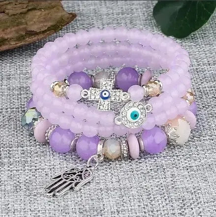 Fatima Cross Evil Eyes Charm Glass Beads Bracelets Set Purple Black PInk White Beaded Women Fashion Protect Jewelry Set