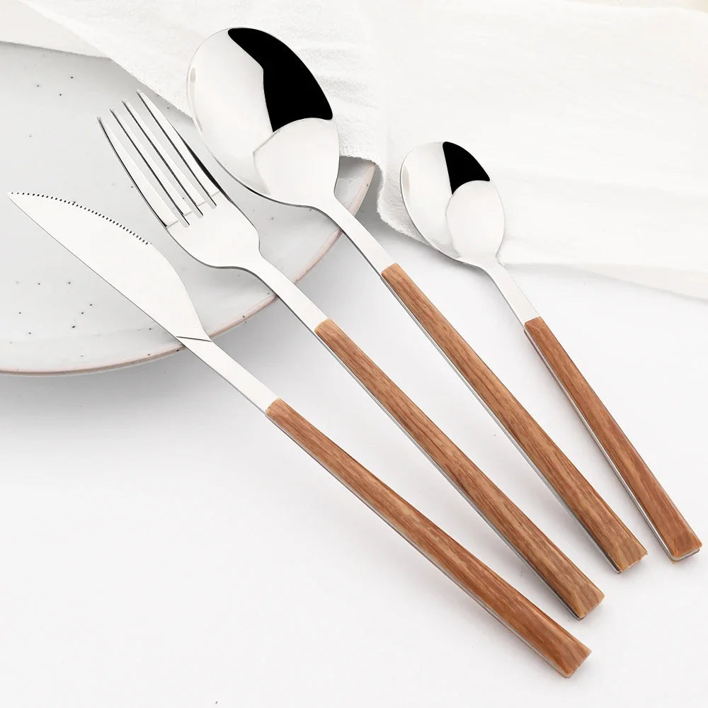 Hemasa 16/24/30Pcs Stainless Steel  Wooden Handle Cutlery Set Dinnerware Clamp Western Tableware Knife Fork Tea Spoon