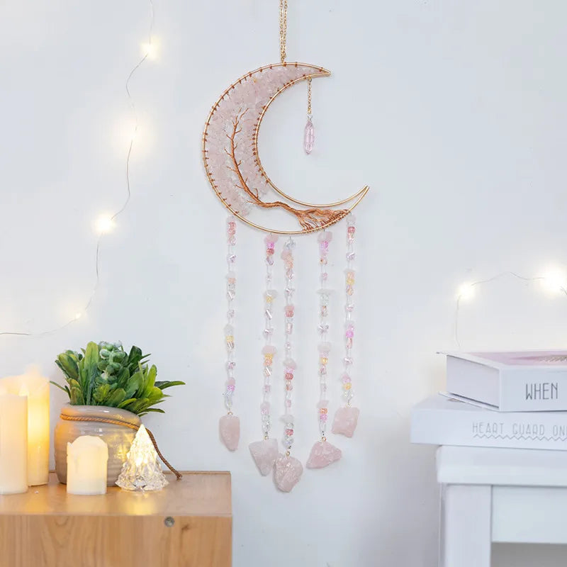 Hemasa Crystal Natural Gemstone Tree of Life Healing Pink Quartz 7 Chakras Grave Agate Stones Reiki Moon Suncatcher Hanging Home Decor