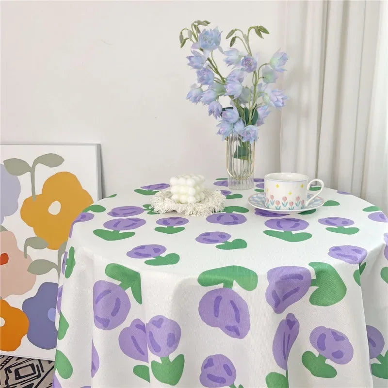 Korean Style Round Lattice Flower Tablecloth Floral Table Cloth for Dining Table Tea Coffee Table Cover Picnic Kitchen Decor