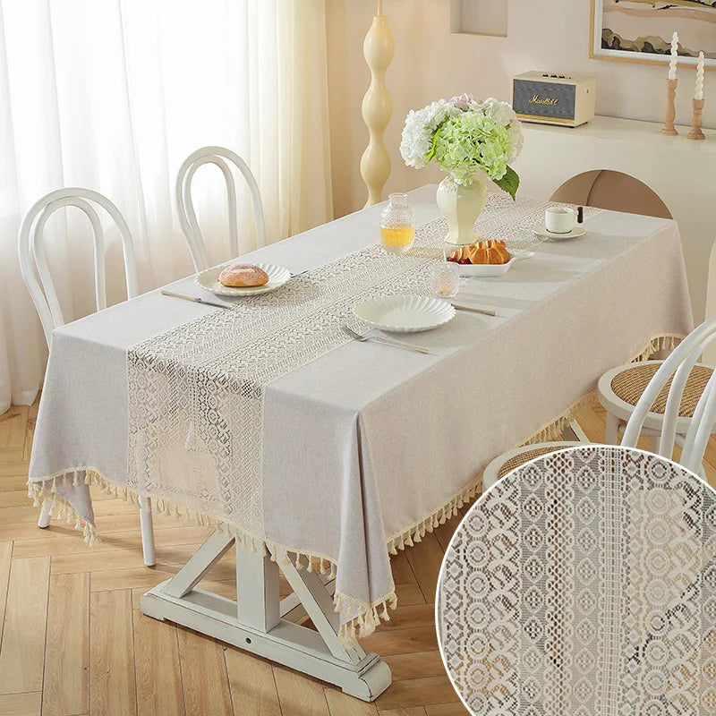 Tejesa Polyester and linen, with a simple and elegant style. Hollow out and spliced rectangular shape Table Cloth