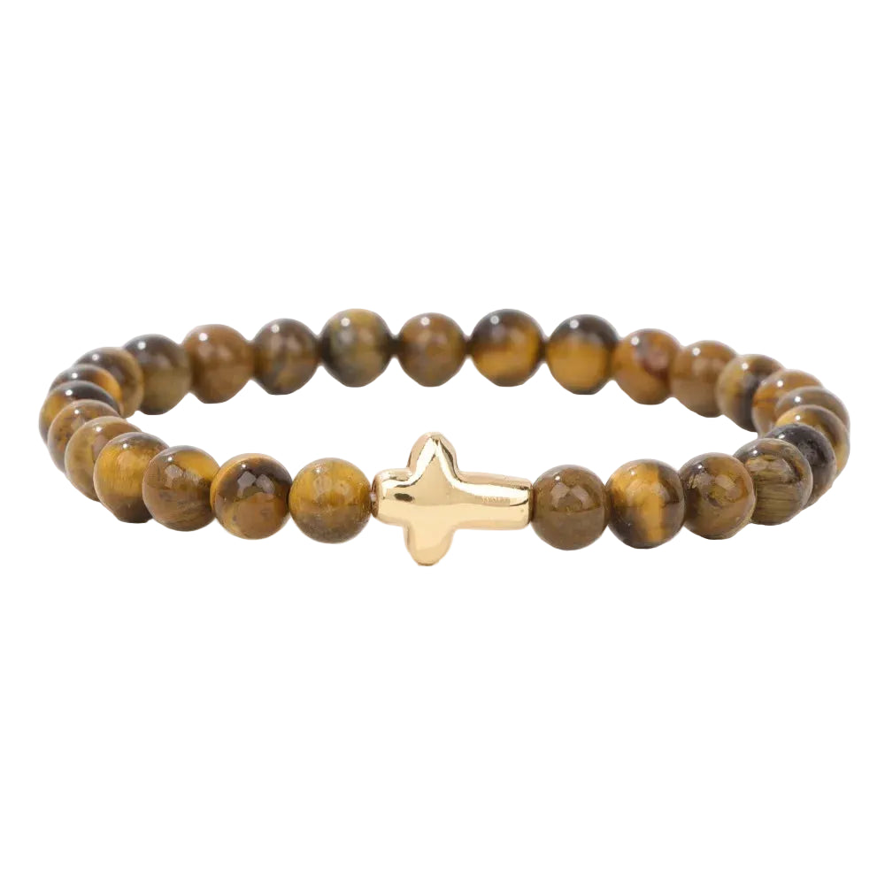 Tejesa 6mm Amethysts Bracelet Gold Color Jesus Cross Natural Stone Tiger Eye Opal African Turquoises Elastic Bracelets For Women Men