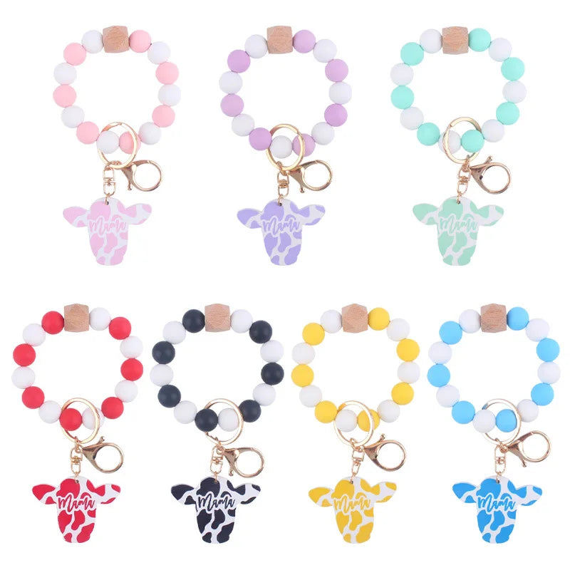 Creative Silicone Beads Bracelet Pendant Keychain Cartoon Cow Head Wooden Sign Pendant Keyring For Women Girls Keychain Jewelry