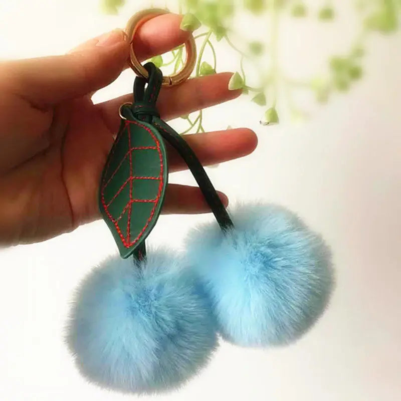 New Fashion Plush Cherry Keychains for Women Girls Fluffy Cartoon Rabbit Fur Ball Pompom Leaf Key Chains Rings Keyring Bag Gifts