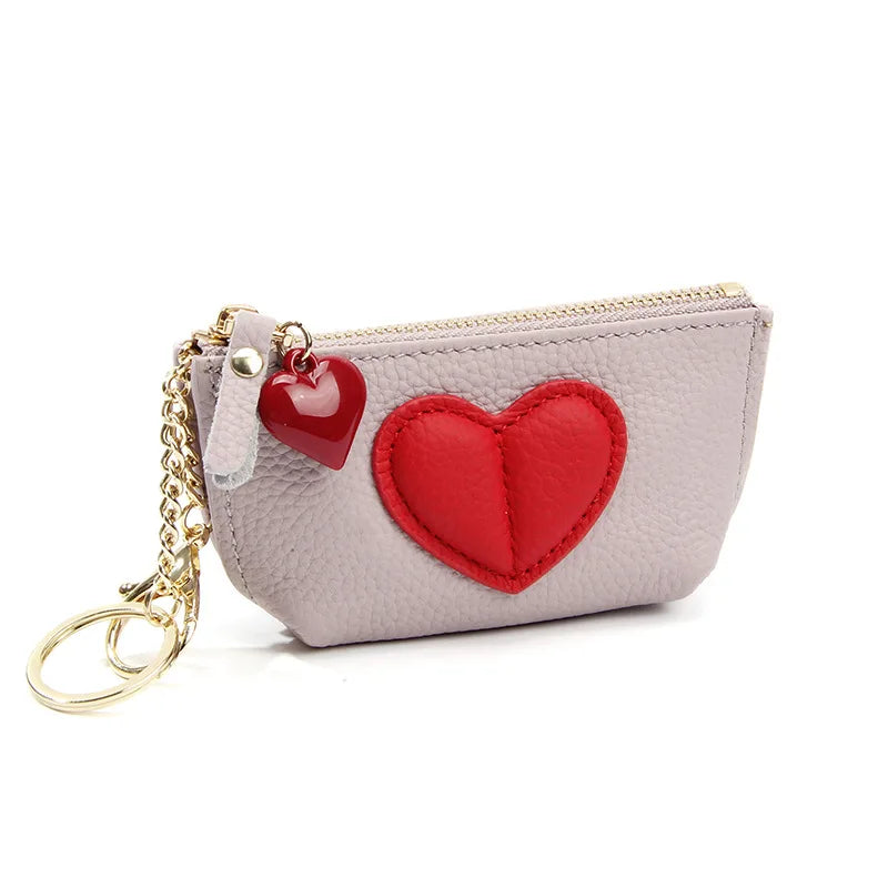 Tejesa Women's Soft Leather Coin Purses with KeyChain /Small Zipper Coin Pouch for Women Heart Pendant Zero Wallet Zipper Pocket