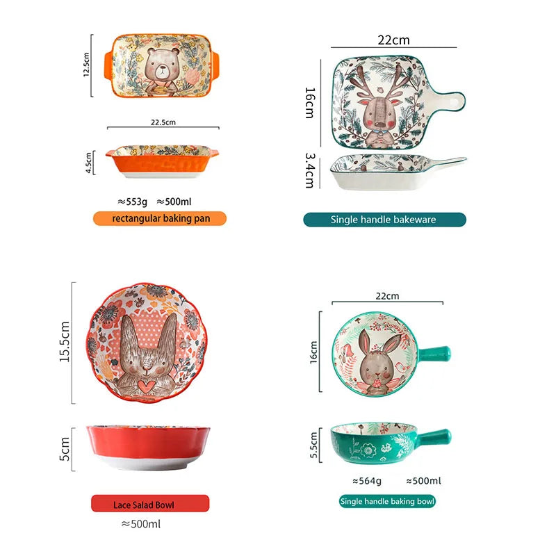 Hemasa Ceramic Bakeware With Handle Forest Animals Baking Pan  Underglaze  Kitchen Tableware Salad Bowl Au Gratin Dishes