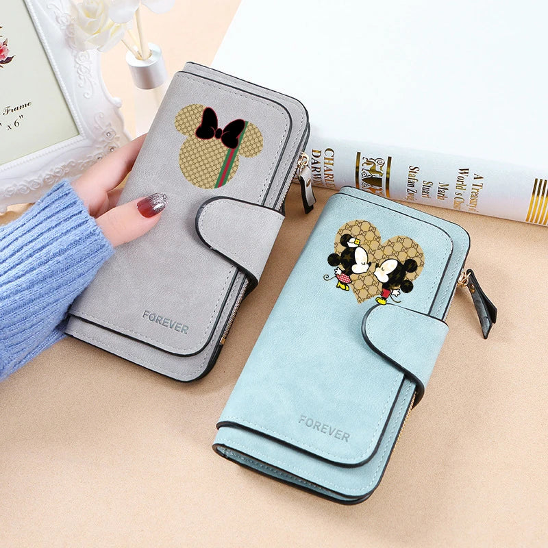 Mickey Minnie Mouse Pu Leather Wallet Women Zipper Frosted Coin Purse Ladies Credit ID Card Holder Disney Versatile Long Wallet