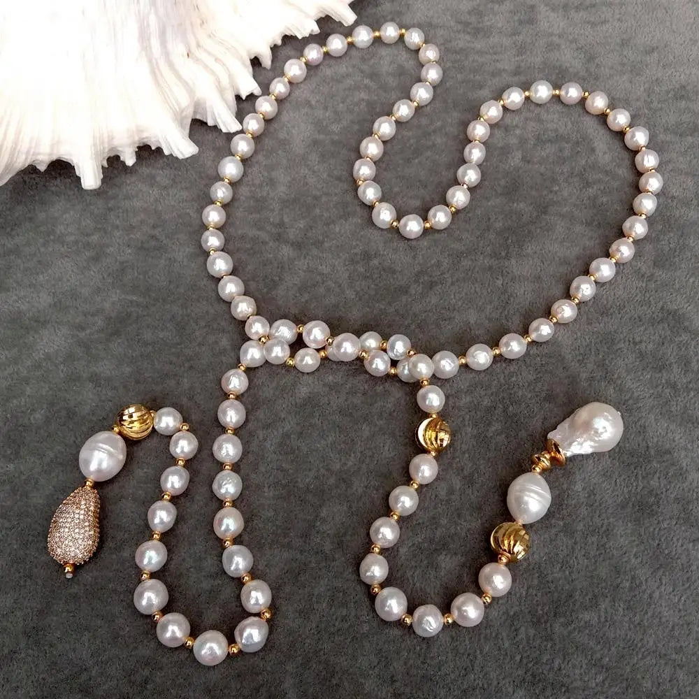 YYGEM White reborn Keshi Pearl  connector  8-9mm near round Freshwater pearl 40" Long  Necklace