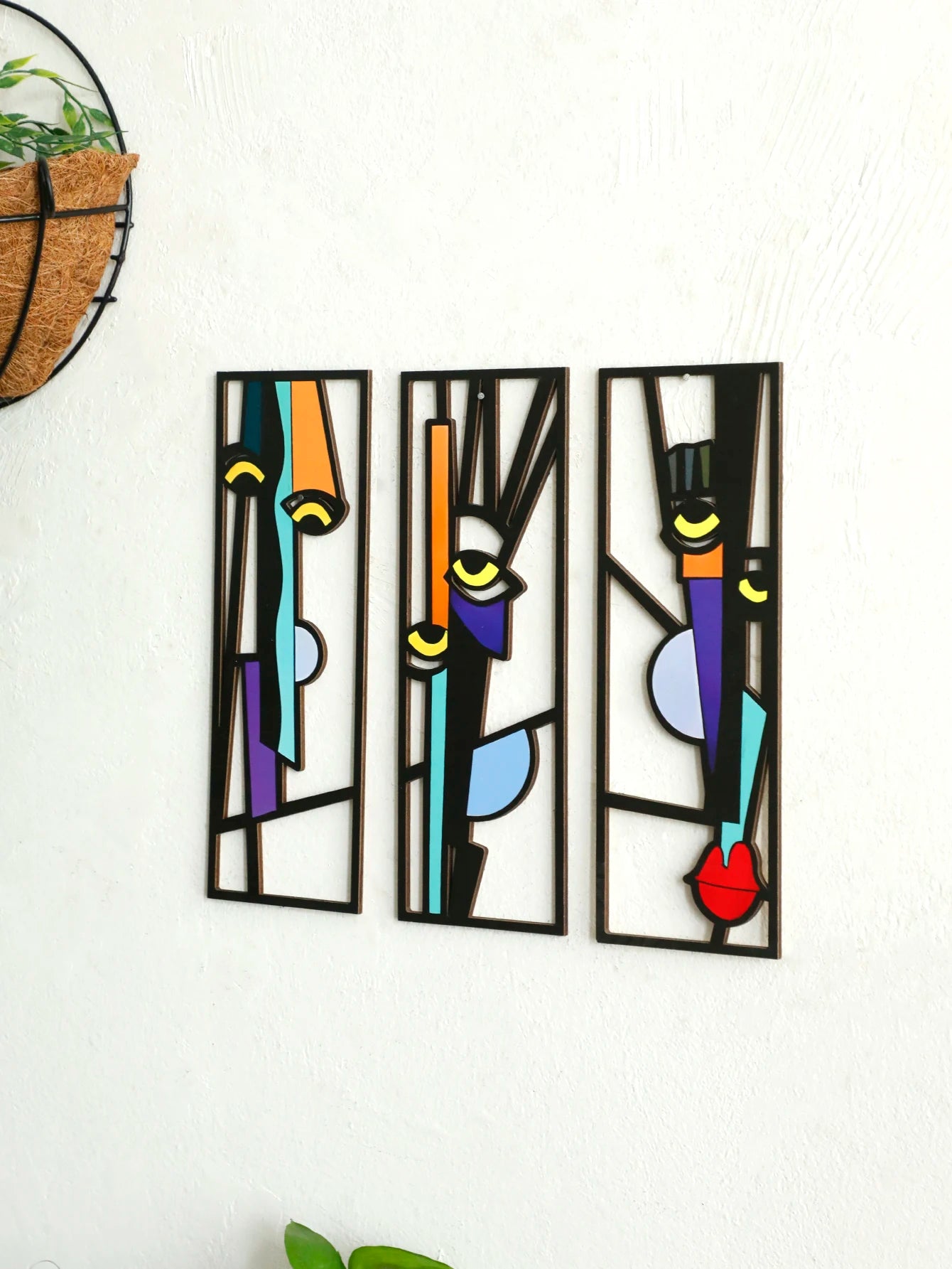 Abstract Wooden Wall Hanging Boho Modern Geometric Face Design Hanging Decor for Boho Home Decor, Living Room, Bedroom, Office