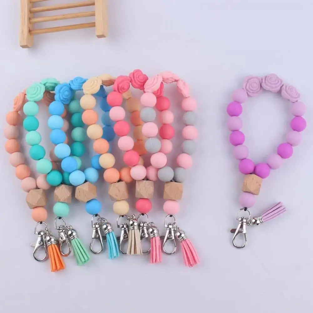 Fashion Silicone Keychain Food Grade Teether Round Bead Keyring Tassel Bracelet Pendant Keychain For Women Lobster Clasp Keyring