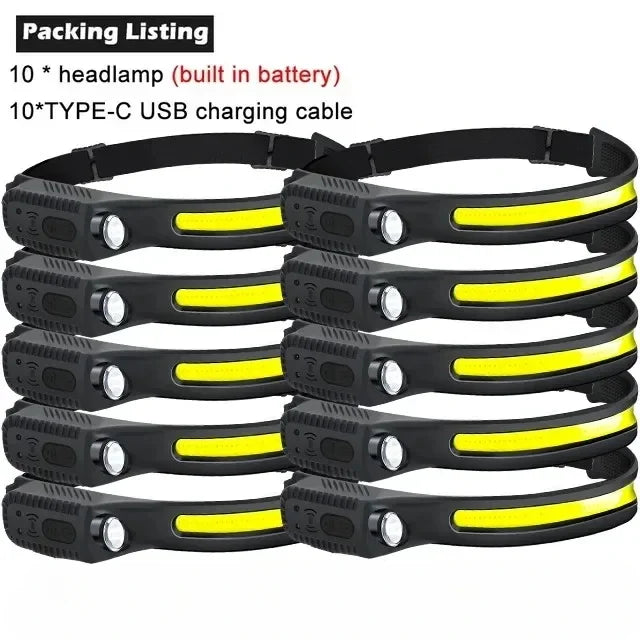 Hemasa 1-10PCS LED Indication Headlamp Rechargeable Head Flashlight 1200mah Built in Battery Outdoor Camping Fishing Headlight Lantern