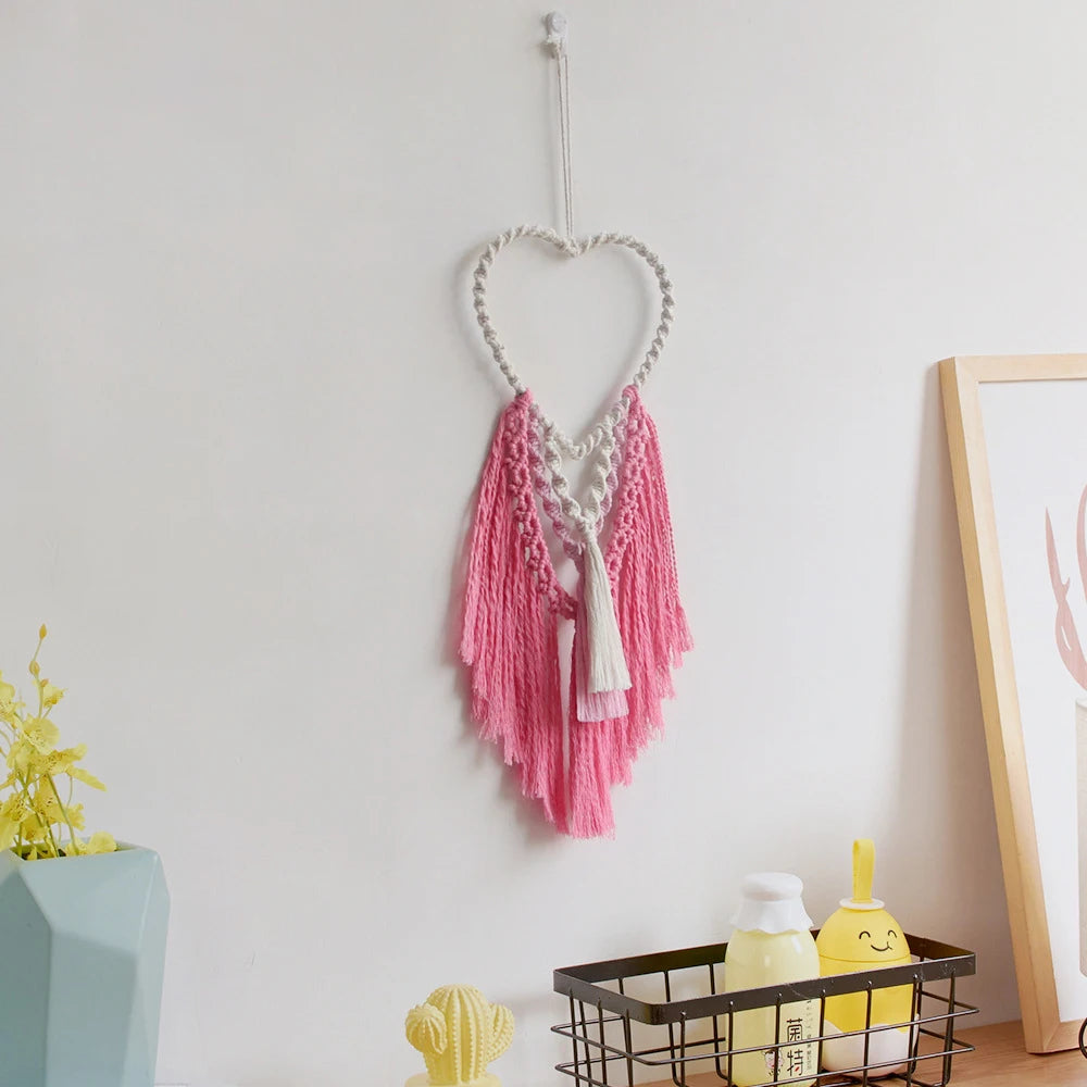 Heart-shaped Macrame Wall Art Boho Home Decor Handmade Woven Pink Love Wall Hanging Tapestry Ornaments for Girls Room Decoration