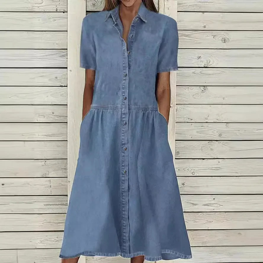 Hemasa Casual Jeans Shirt  Denim Dress for Women /Loose Short Sleeve Cardigan Ladies Womens Denim Shirt Long Dresses
