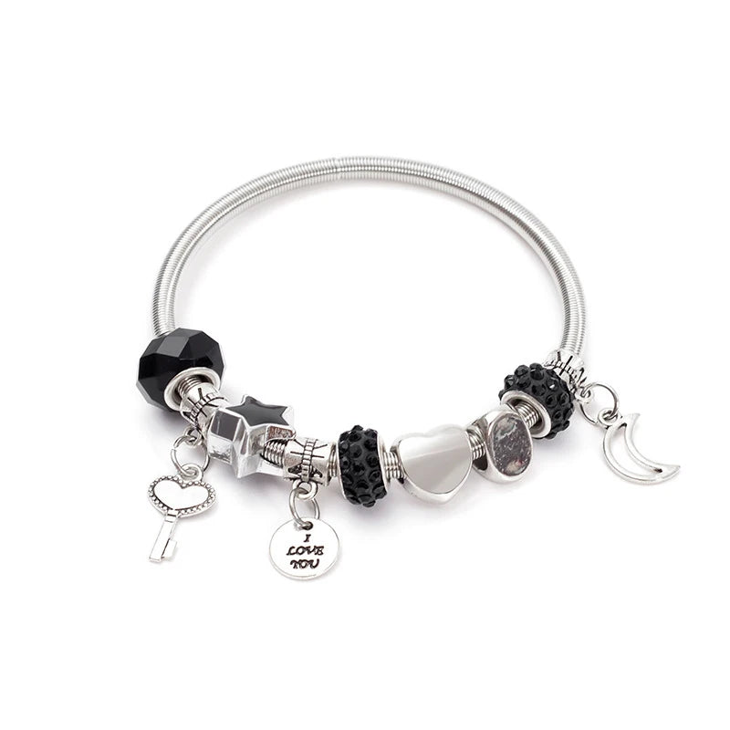 Fashion Simple Pandora Glazed Gem Beads Key Lock Love Hanging Bracelet Light Luxury Vintage Bangle For Women Jewelry Gift