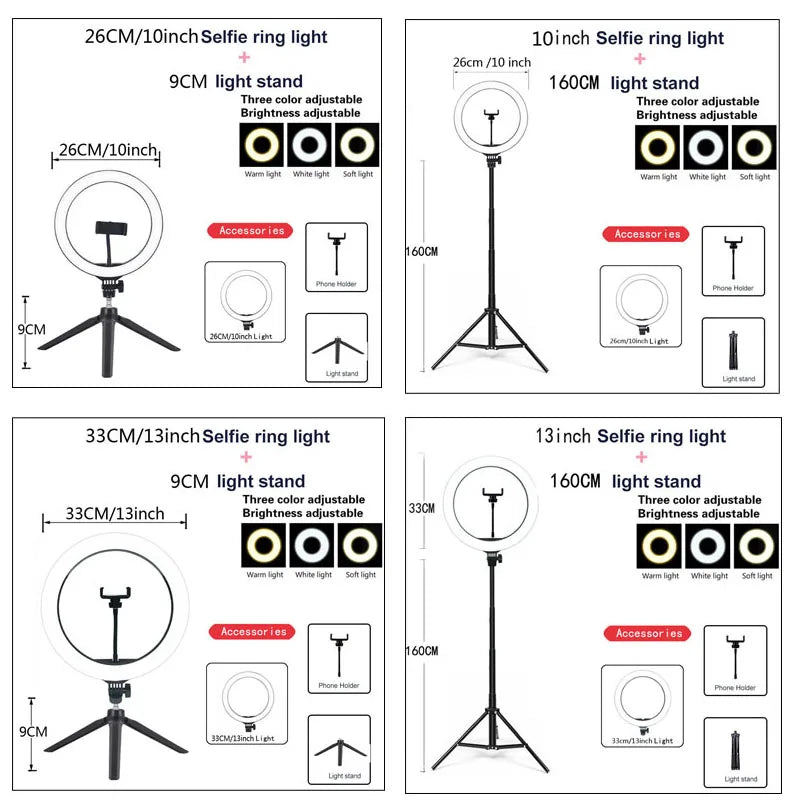 Tejesa 26 33CM Video Lights Dimmable Light Selfie LED Ring Light USB Ring Lighting Lamp With Tripod Stand To Make Youtube Ringlight