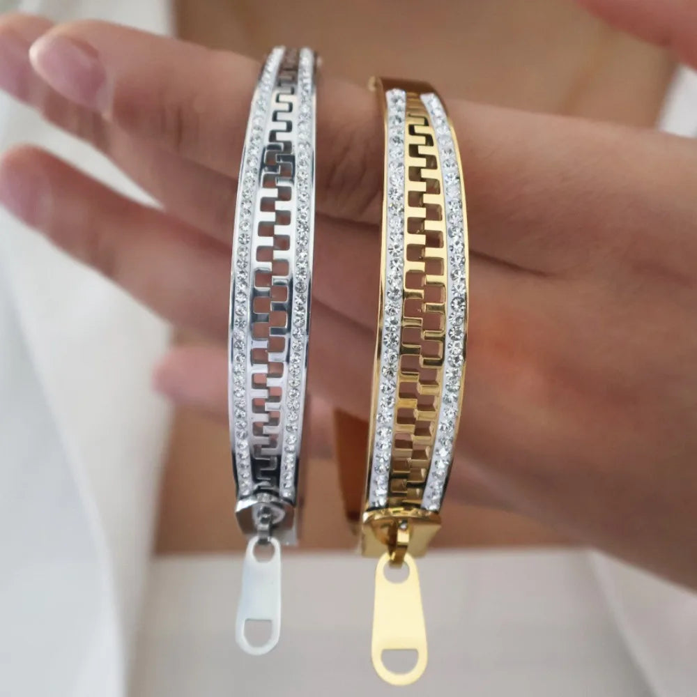 Tejesa Shiny Zipper Bangle /Cstal Bracelet Gold Plated Fashion Zip Titanium Steel Hand Chain Gift