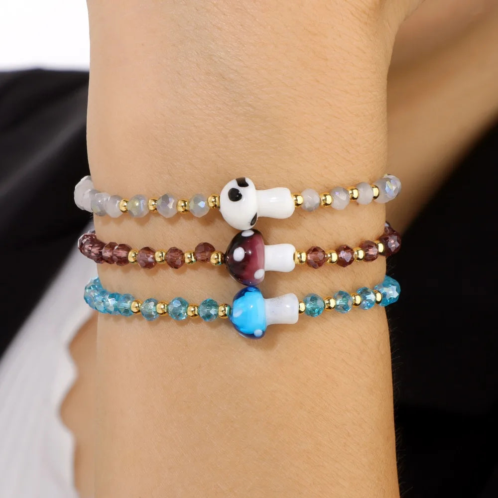 Tejesa 3pcs Handmade Crystal Glass Beads Bracelet Cute Mushroom Charm Bracelets for Women Girls Lucky Fashion Set Jewelry Gift 3x4mm