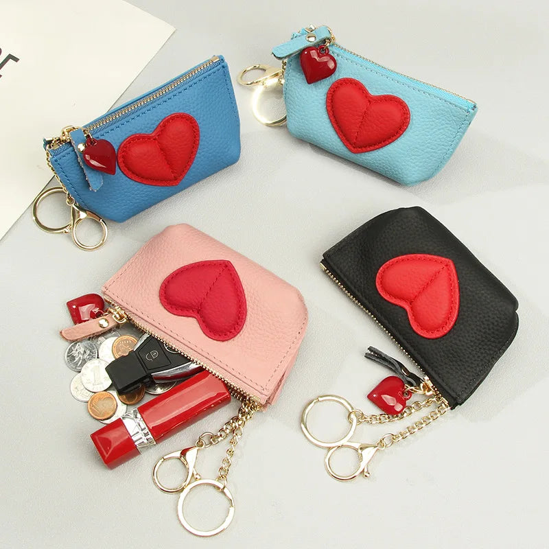 Tejesa Women's Soft Leather Coin Purses with KeyChain /Small Zipper Coin Pouch for Women Heart Pendant Zero Wallet Zipper Pocket