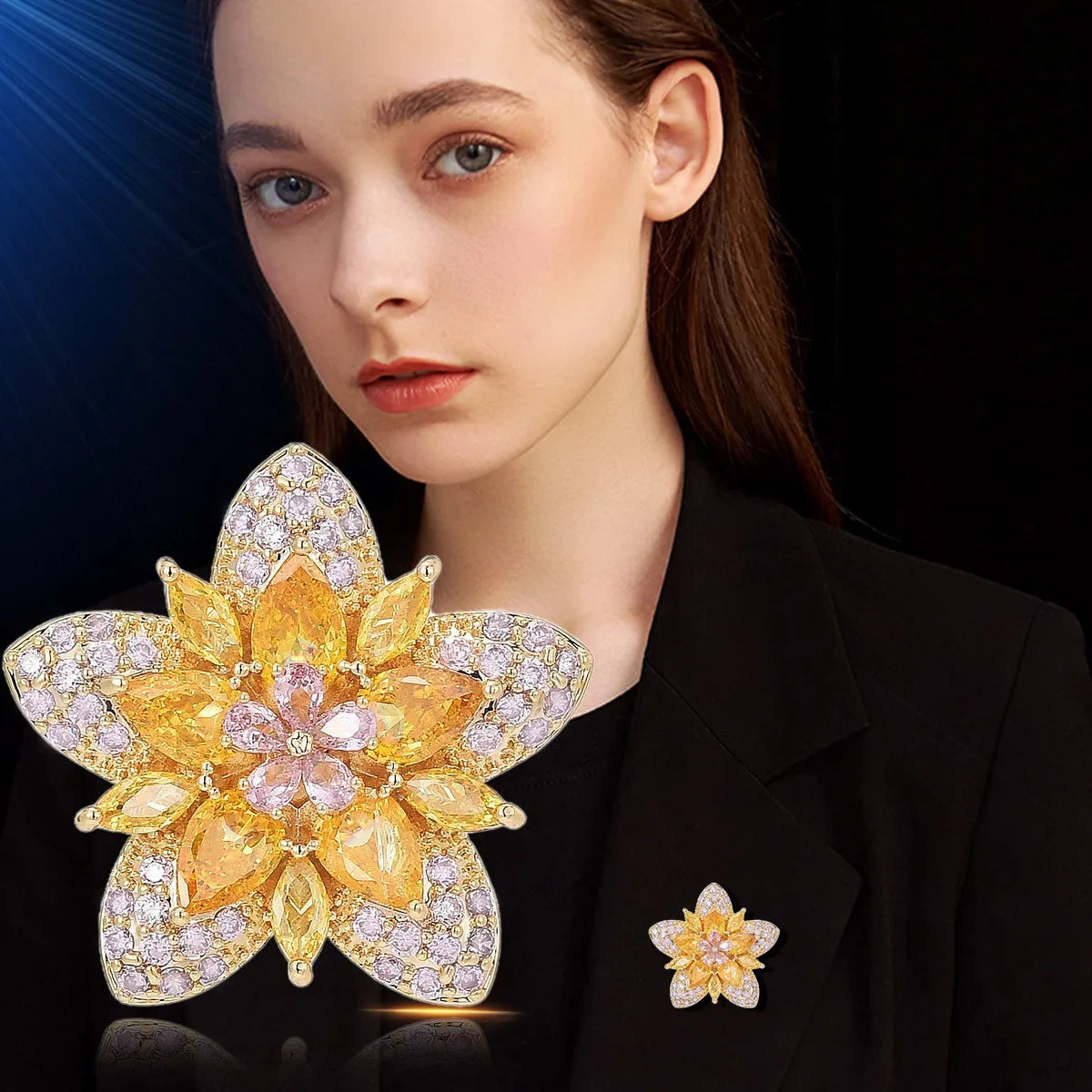 Micro-encrusted zirconium gold flower small brooch niche exquisite small triangular flower brooch corsage accessories