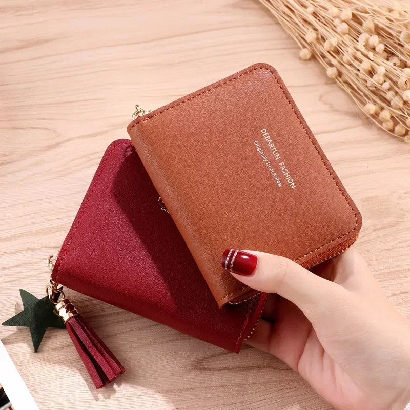 Hemasa PU Zipper Short Wallet Women Little Star Tassel Pendant Multi-card Slots Card Wallet Coin Purse