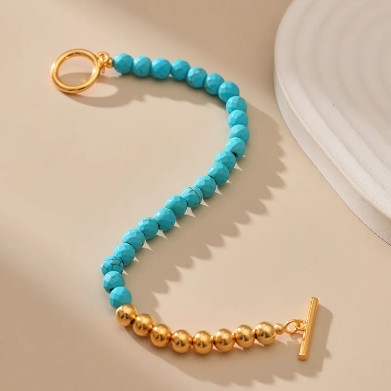 Fashion Blue Turquoise Bracelets Handmade Natural Stone with Gold Plated Beaded Bracelet for Men Women Vintage Jewelry Gift