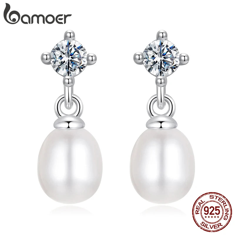 BAMOER White Gold Plated Moissanite Freshwater Pearl Earrings for Women, 925 Sterling Silver Elegant Stud Huggies Christmas Gift