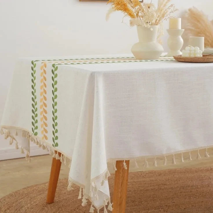 Hemasa Cotton Linen Green leaf embroidery with Tassel Rectangular Table Cloth