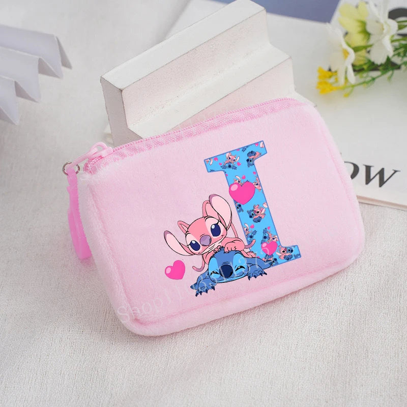 Disney Stitch Plush Coin Purse Cute Anime Cartoon A-Z Letter Stich Printed Wallet Kawaii Girls Earphone Storage Zipper Bag Gifts