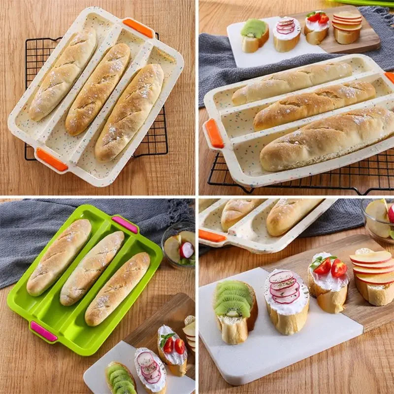 Tejesa 3 Cavity Baguette Baking Tray /Non-Stick Silicone Cake Mold/ Bread Mould /Oven Pan Easy Demoulding Baking Dish DIY Kitchen Supplies