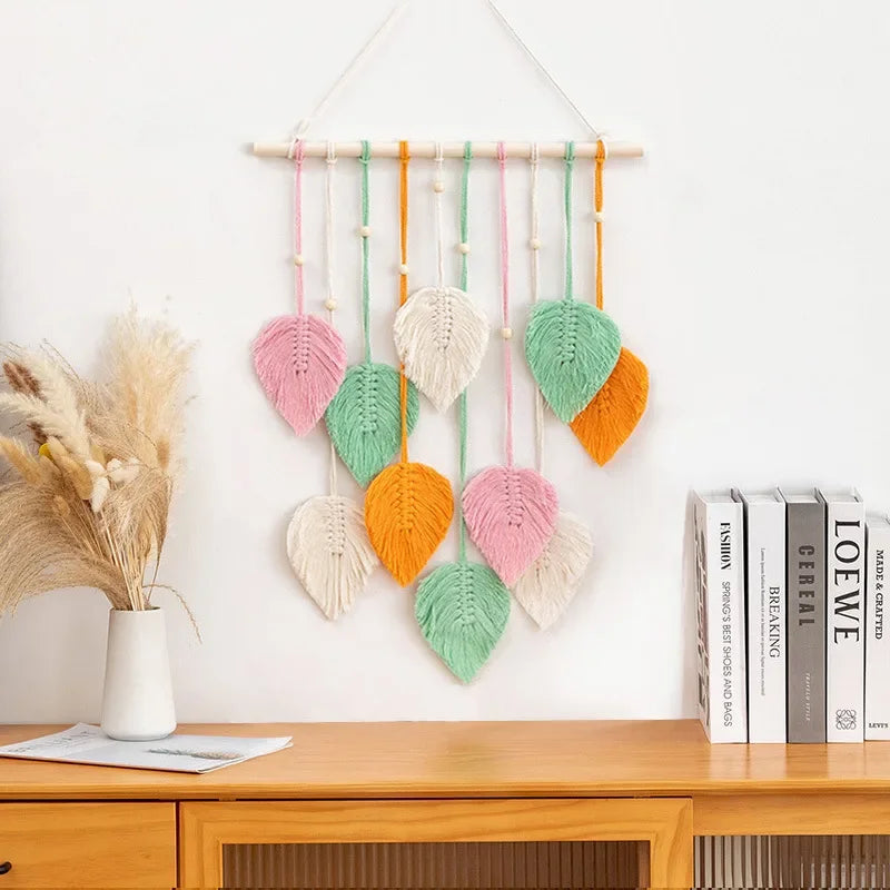 Handmade Woven Leaf Macrame Hanging Ornament, Bohemian Cotton Rope, Woven Walls Decoration for Bedroom, Living Room Wall